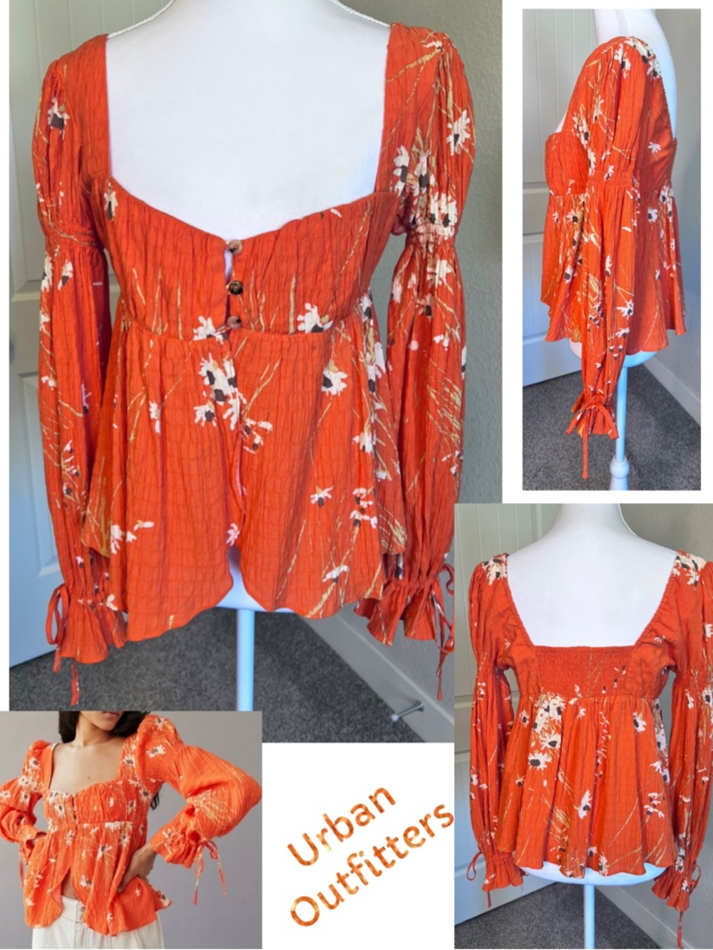 Urban Outfitters Allie tie-sleeve blouse in an orange floral print Sz Small